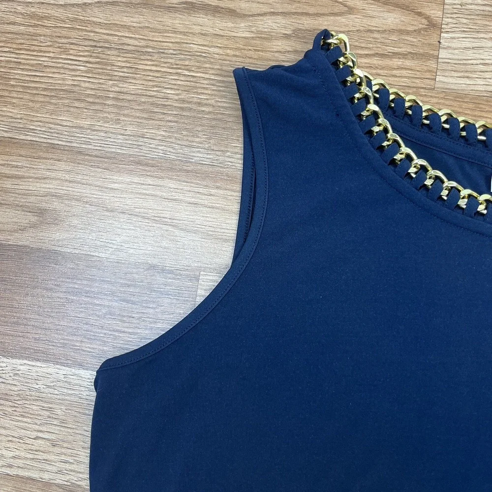 Michael Kors Navy Blue Chain Collar Sleeveless Shirt Tank Blouse Size Large‎